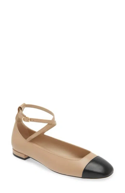 Stuart Weitzman Eden Bicolor Leather Ankle-strap Flats In Beige