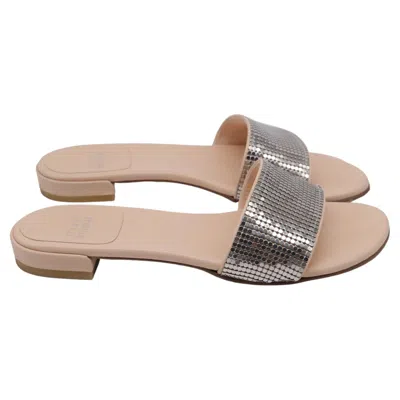 Pre-owned Stuart Weitzman Embellished Slide Flats In Silver Leather In Brown
