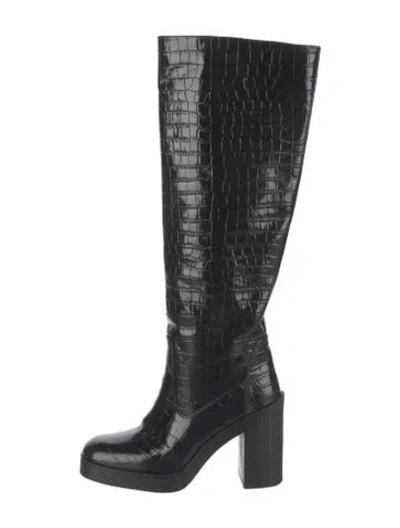 Pre-owned Stuart Weitzman Embossed Leather Animal Print Boots In Black