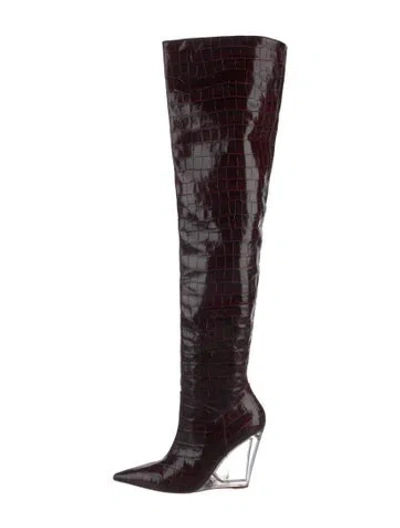 Pre-owned Stuart Weitzman Embossed Leather Animal Print Boots In Burgundy