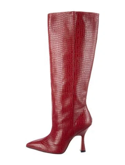 Pre-owned Stuart Weitzman Embossed Leather Animal Print Boots In Red