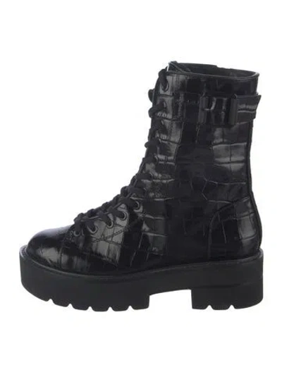 Pre-owned Stuart Weitzman Embossed Leather Animal Print Combat Boots In Black