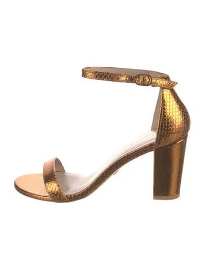 Pre-owned Stuart Weitzman Embossed Leather Animal Print Sandals In Gold