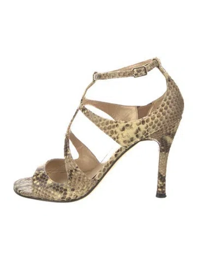 Pre-owned Stuart Weitzman Embossed Leather Animal Print T-strap Sandals In Neutral