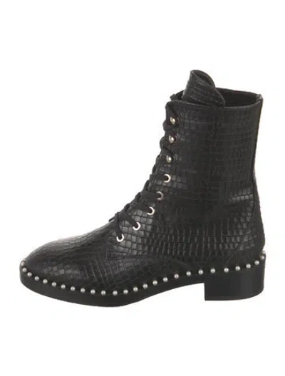 Pre-owned Stuart Weitzman Embossed Leather Beaded Accents Combat Boots In Black