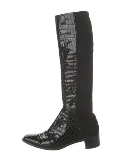 Pre-owned Stuart Weitzman Embossed Leather Printed Sock Boots In Black