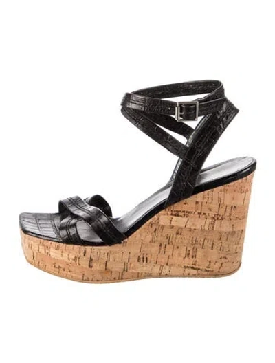 Pre-owned Stuart Weitzman Embossed Leather Sandals In Black