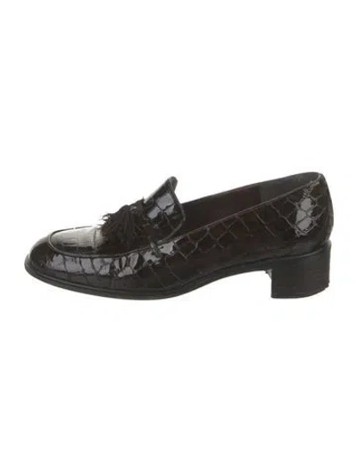 Pre-owned Stuart Weitzman Embossed Leather Tassel Accents Loafers In Black