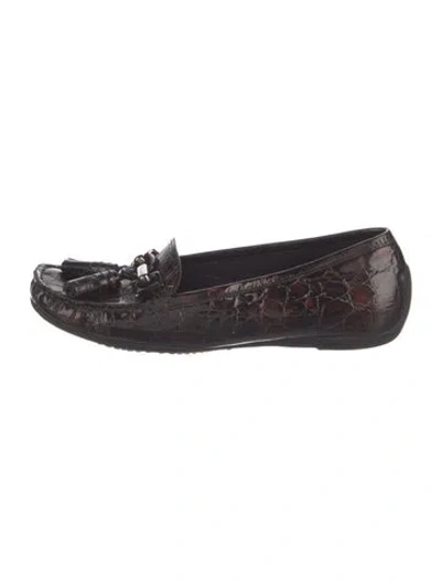 Pre-owned Stuart Weitzman Embossed Leather Tassel Accents Loafers In Black