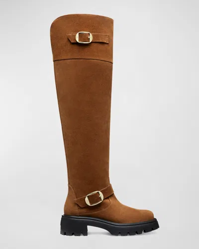 Stuart Weitzman Emerson Buckle Suede Tall Boots In Coffee