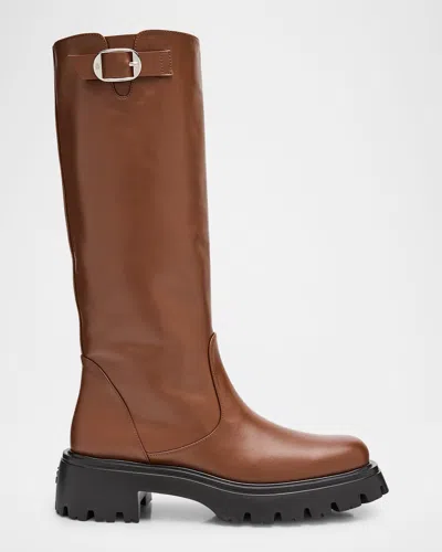 Stuart Weitzman Emerson Leather Buckle Biker Boots In Deep Coffee