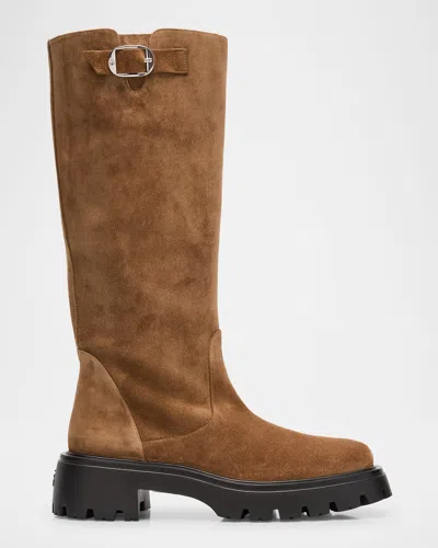 Stuart Weitzman Emerson Suede Buckle Biker Boots In Khaki