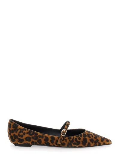 Stuart Weitzman Emilia Brown Ballet Shoes With Adjustable Strap Closure And All-over Leopard Motif In Suede Woman