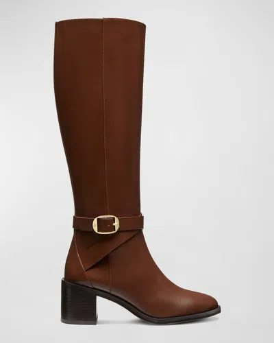 Stuart Weitzman Esme Leather Buckle Knee Boots In Deep Coffee