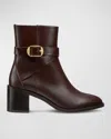 Stuart Weitzman Esme Leather Buckle Zip Booties In Dark Brown
