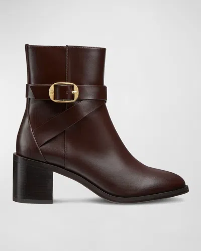 Stuart Weitzman Esme Leather Buckle Zip Booties In Dark Brown