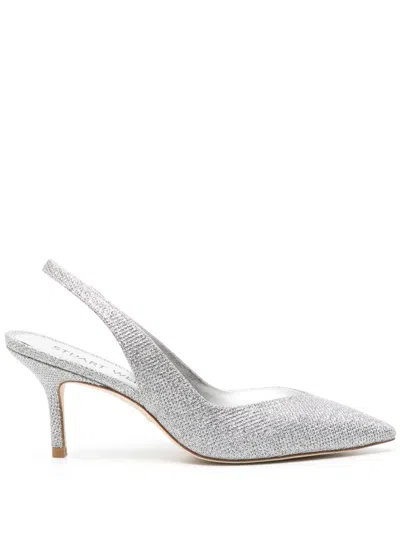 Stuart Weitzman Glitter Mid Heel Pointed Toe Pumps In Silver