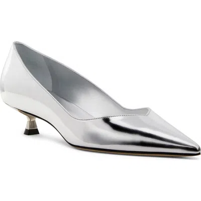 Stuart Weitzman Eva Kitten Heel Pointed Toe Pump In Silver