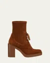 Stuart Weitzman Everitt Stretch Suede Lace-up Booties In Coffee Tonal