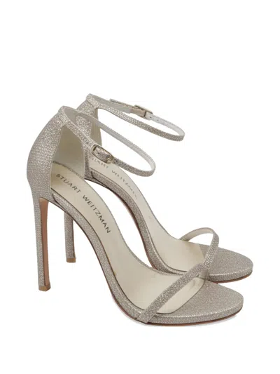 Pre-owned Stuart Weitzman Fabric Ankle Strap Open Toe Sandals In Silver