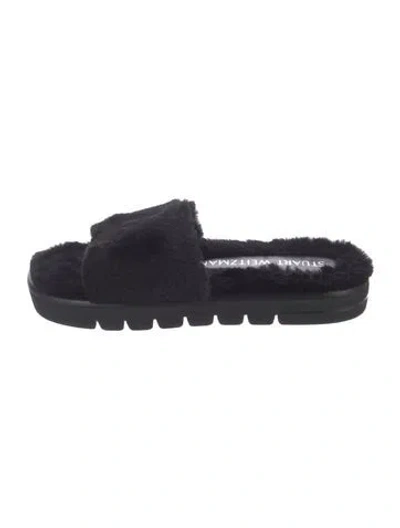 Pre-owned Stuart Weitzman Faux Fur Colorblock Pattern Slides In Black