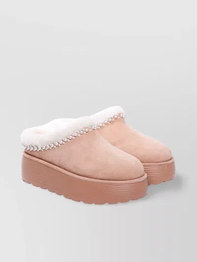Stuart Weitzman Faux Fur Trim Pearl Embellished Platform Mules In Pink