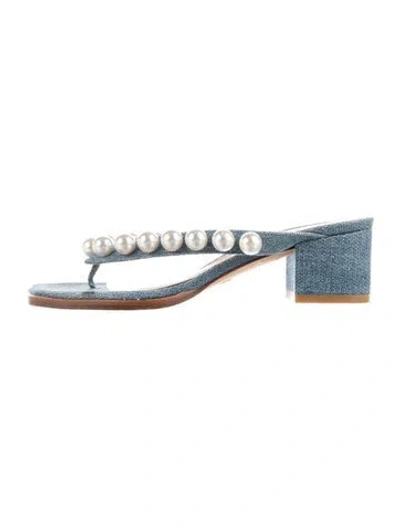 Pre-owned Stuart Weitzman Faux Pearl Accents Denim Slides In Blue