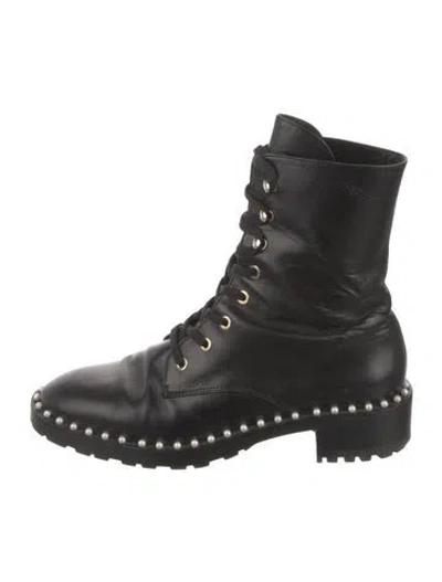 Pre-owned Stuart Weitzman Faux Pearl Accents Leather Combat Boots In Black
