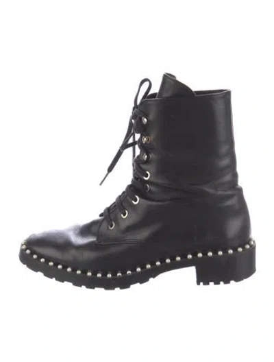 Pre-owned Stuart Weitzman Faux Pearl Accents Leather Combat Boots In Black