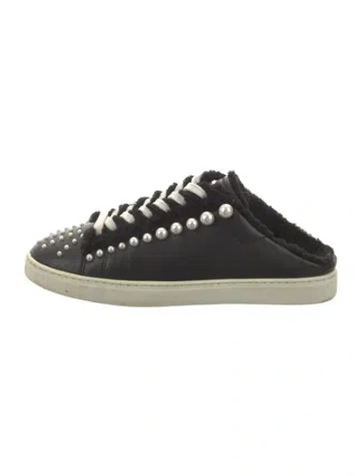 Pre-owned Stuart Weitzman Faux Pearl Accents Leather Sneakers In Black