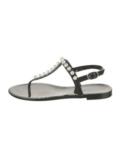 Pre-owned Stuart Weitzman Faux Pearl Accents Rubber T-strap Sandals In Black