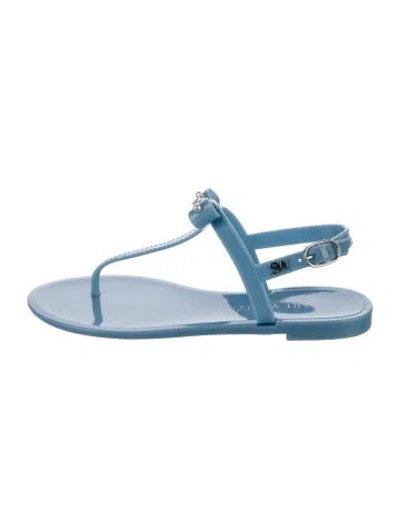 Pre-owned Stuart Weitzman Faux Pearl Accents Rubber T-strap Sandals In Blue