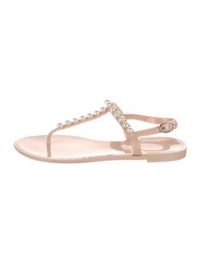 Pre-owned Stuart Weitzman Faux Pearl Accents Rubber T-strap Sandals In Neutral