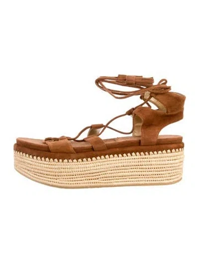 Pre-owned Stuart Weitzman Faux Pearl Accents Suede Espadrilles In Brown