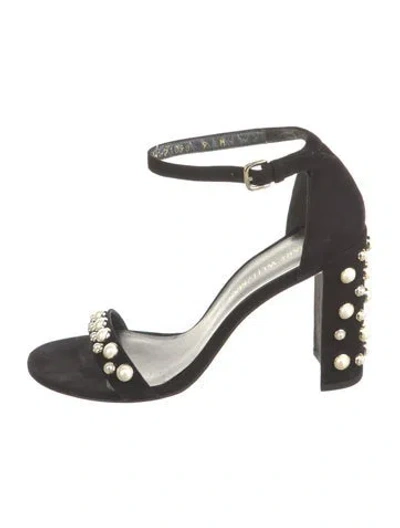 Pre-owned Stuart Weitzman Faux Pearl Accents Suede Sandals In Black