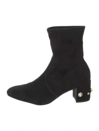 Pre-owned Stuart Weitzman Faux Pearl Accents Suede Sock Boots In Black