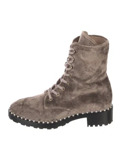 Pre-owned Stuart Weitzman Faux Pearl Accents Velvet Combat Boots In Pink