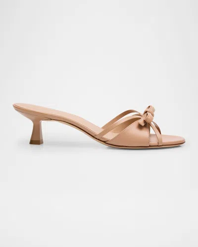 Stuart Weitzman Felicity Leather Bow Kitten-heel Mules In Brown