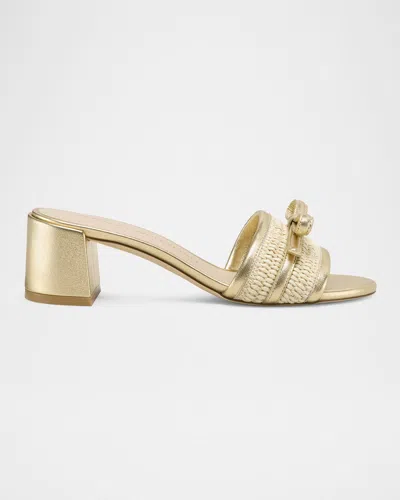 Stuart Weitzman Felicity Raffia Metallic Bow Mule Sandals In Golden/natural