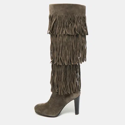 Pre-owned Stuart Weitzman Fringie Size 37 Grey Suede Knee Length Boots In Gray