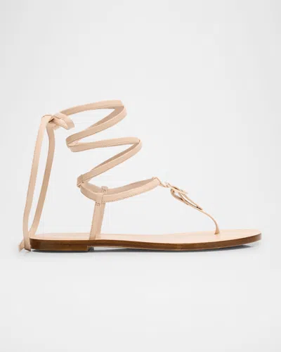 Stuart Weitzman Georgie Leather Ankle-wrap Flat Sandals In Barely Beige