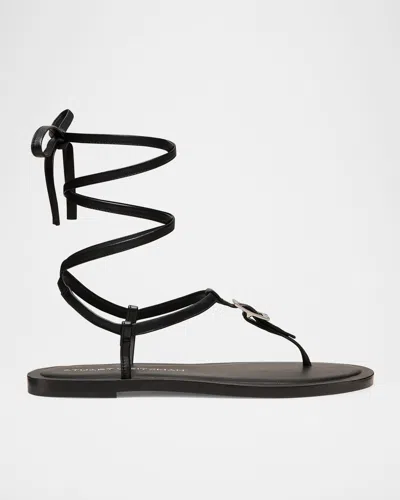 Stuart Weitzman Georgie Leather Ankle-wrap Flat Sandals In Black
