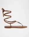 Stuart Weitzman Georgie Leather Ankle-wrap Flat Sandals In Bridle Brown