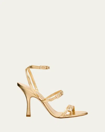 Stuart Weitzman Georgie Metallic Buckles Strappy Sandals In Gold