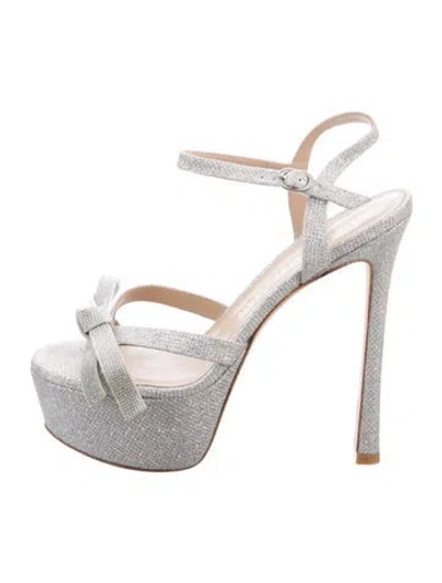 Pre-owned Stuart Weitzman Glitter Bow Accents Espadrilles In Silver