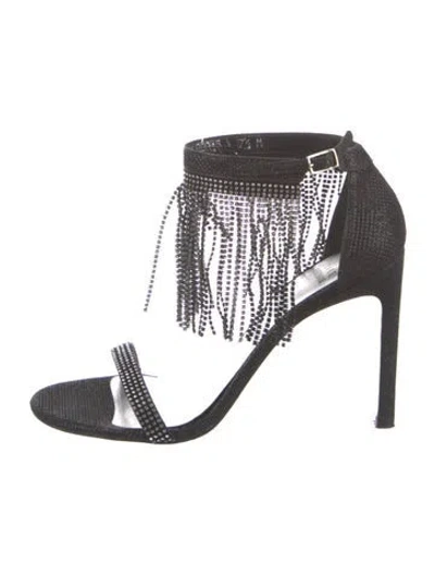 Pre-owned Stuart Weitzman Glitter Fringe Trim Accent Sandals In Black