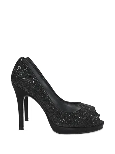 Pre-owned Stuart Weitzman Glitter Peep-toe Pumps In Black