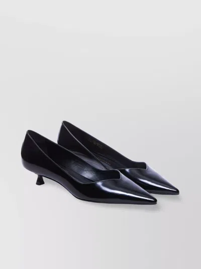 Stuart Weitzman Glossy Leather Pointed Toe Kitten Heel Pumps In Black