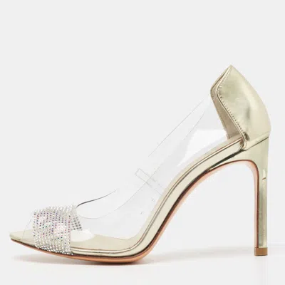 Stuart Weitzman Gold Leather And Pvc Crystal Embellished Open Toe Pumps In Neutral