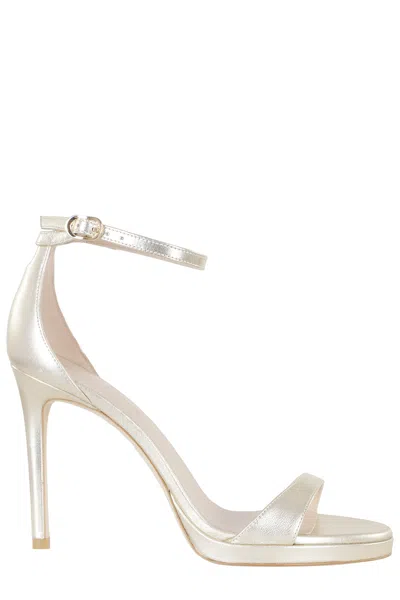 Stuart Weitzman Gold Nudist Platform Ankle-strap Leather Sandals In Silver
